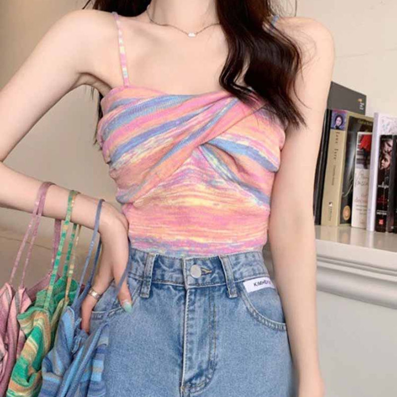 Color Matching Stripe Design Sense Small Sling Outer Wearing Vest Women's Spring Short Sexy Base Sweet Hot Inner Top Trendy
