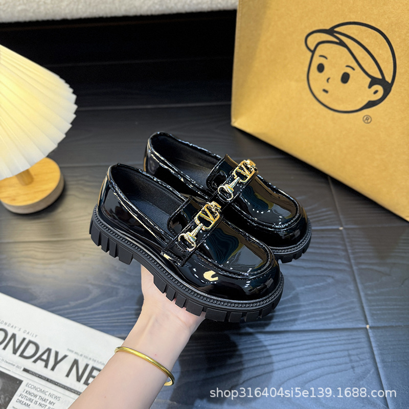 Girls' Leather Shoes 2025 Spring Kidsren's Bright Leather Loafers Black Student Shoes Fashionable Slip-On Shoes Trendy Korean Style