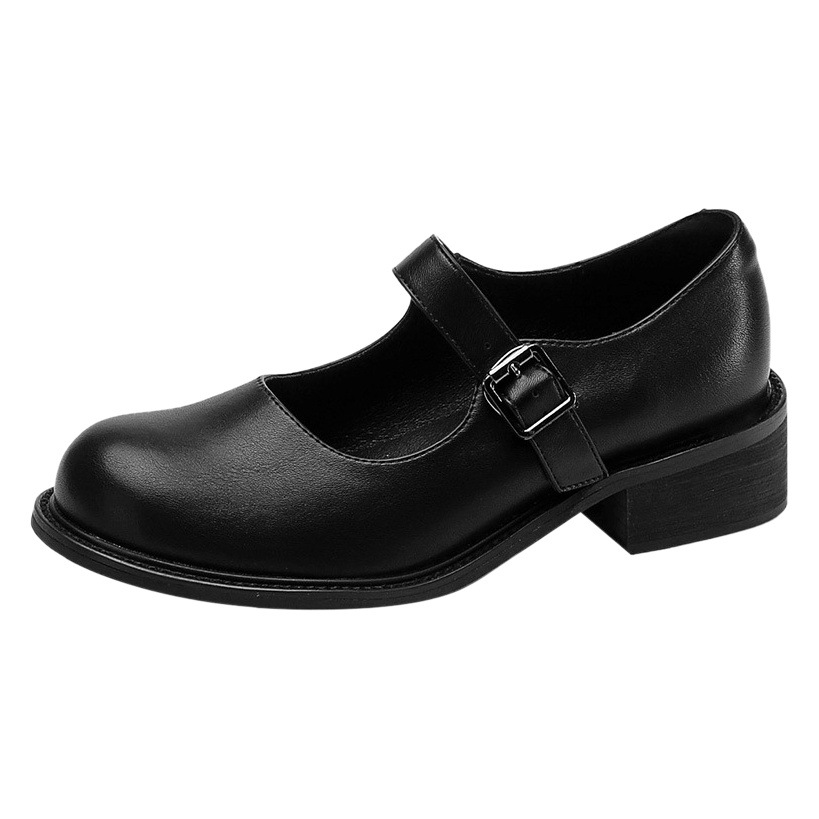 Thick Heeled Mary Jane Shoes Women's Autumn and Winter New JK Girl's Round Toe Buckle Shallow Shoes Wooden Heeled Vintage Leather Shoes