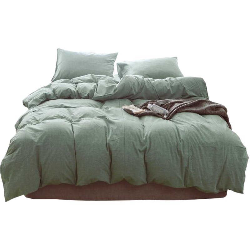 Japanese Solid Color Simple Dormitory Yarn-Dyed Washed Cotton Four-Piece Set Solid Color Bedding Plain Quilt Cover Fitted Sheet Wholesale