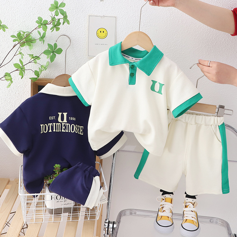 Children's suit 2024 New Summer Fashion Boy U Letter Short Sleeve Polo Shirt Baby Casual Shorts Children's Wear