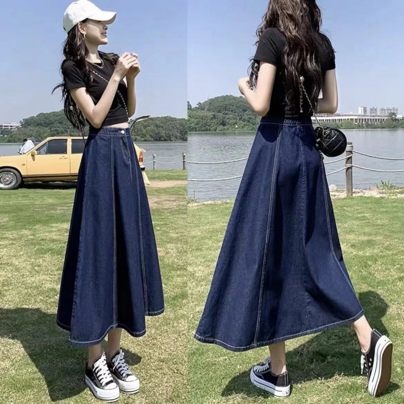 2025 New Women's Skirt 2025 Spring and Autumn Long Denim Skirt Pleated High-Waisted Slimming A-Line Draped Umbrella Skirt