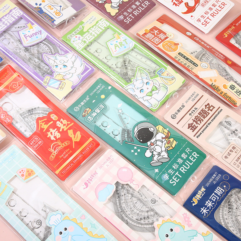 New cartoon ruler four-piece student 20cm ruler suit primary school students cute learning supplies stationery wholesale