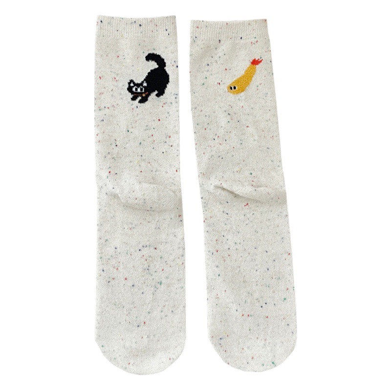 AB version flocking dot yarn autumn and winter new mid-calf length socks cute cartoon cat eating fish South Korea all-match stockings for women fashion
