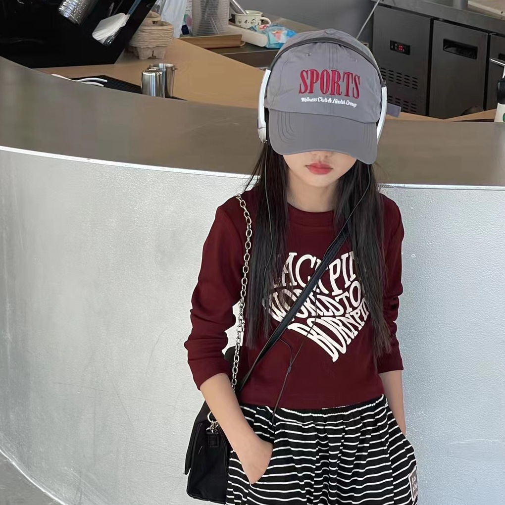 Children's Clothing Girls Korean Letter Print Solid Round Neck Long Sleeve T-Shirt Casual All-Match Cool Korean Autumn Kids Clothes