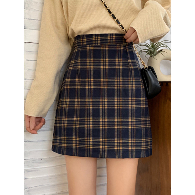 2023 New Plaid Skirt Women's Autumn and Winter High Waist Small Character Half Skirt Spice Girl Wearing Hip Skirt