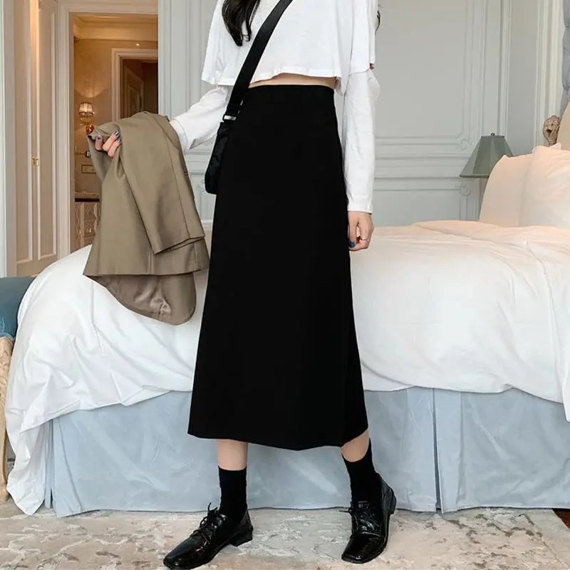Summer Skirt Mid-length A- line Skirt Covering High Waist Hip Skirt New Casual M-plus size Chubby Black Hip Slimming