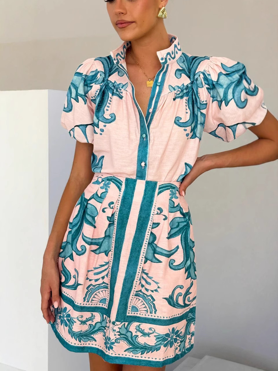 European and American Cross-Border 2025 New Aliexpress Amazon Independent Station Casual Fashion Puff Sleeve Linen Skirt Suit