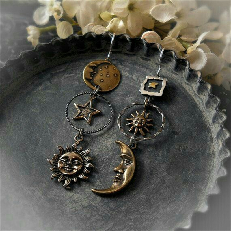 Mingcheng cross-border European and American AliExpress independent station retro five-pointed star Sun Moon long pendant earrings in stock