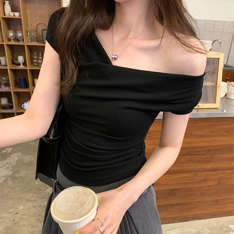 Real shot picture design sense swing collar slim slimming stretch short-sleeved T-shirt women's summer 2024 New Hot Girl short top