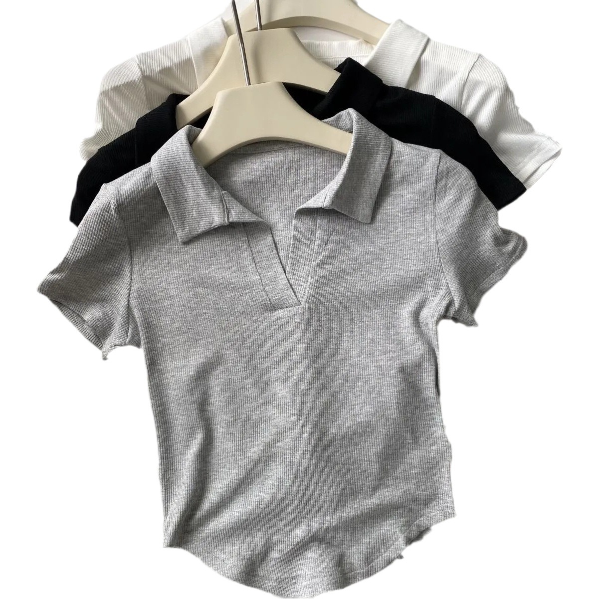 Shoulder Spice Girl Top Women's 2024 Summer New Design Polo Collar Slim Fit U-Shirt Short Sleeve T-Shirt Base Shirt