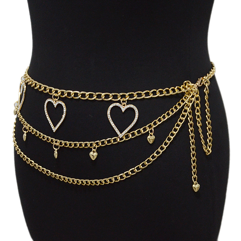 Summer New Women's Belt Versatile Casual Heart Buckle Rhinestone Inlaid Decorative Metal Chain Waist Chain with Skirt