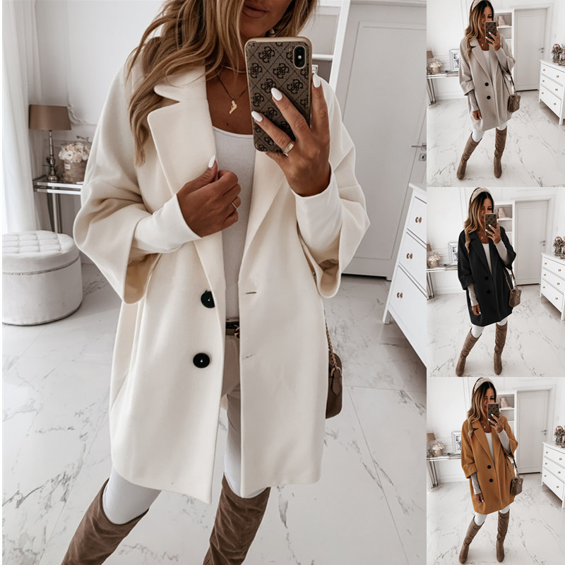 Ebay Aliexpress Wish Autumn and Winter Popular Pure Color Loose Casual Three-Quarter Sleeve Lapel Cardigan Woolen Outwear for Women