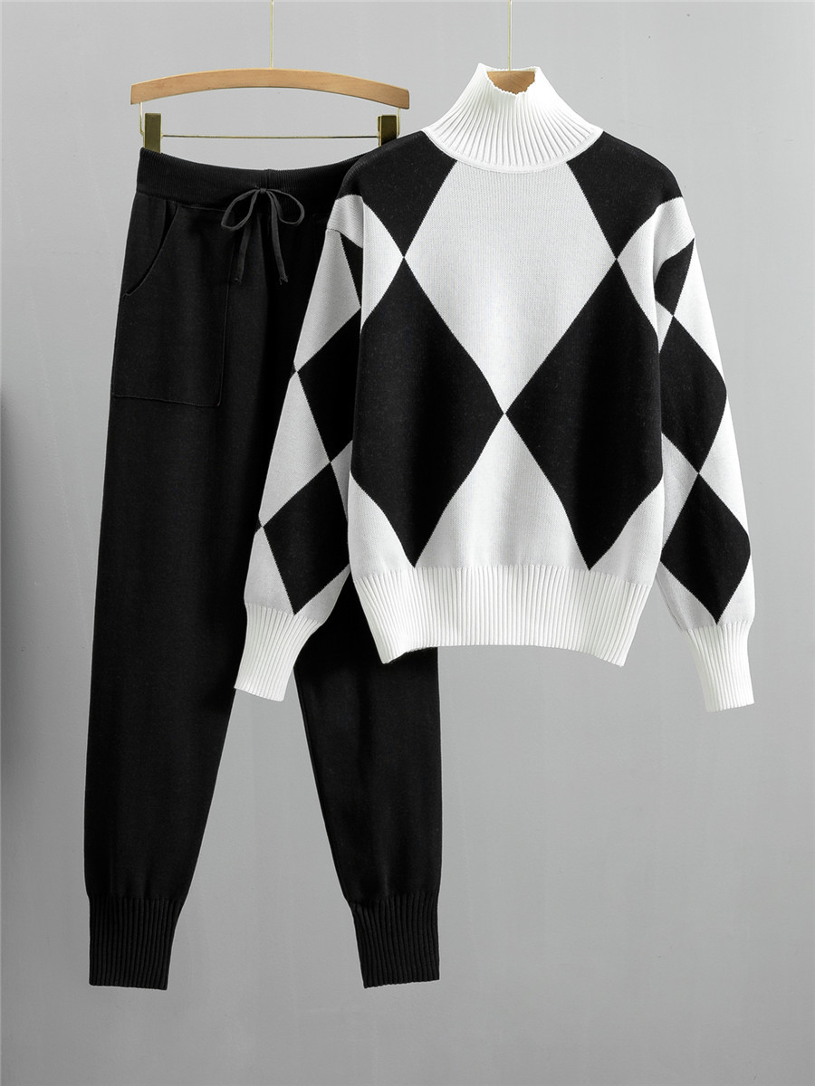 European Station Foreign Trade Cross-border Fashion suit Women's New Casual Knitted Plaid Sweater Two-piece Set European Fashion
