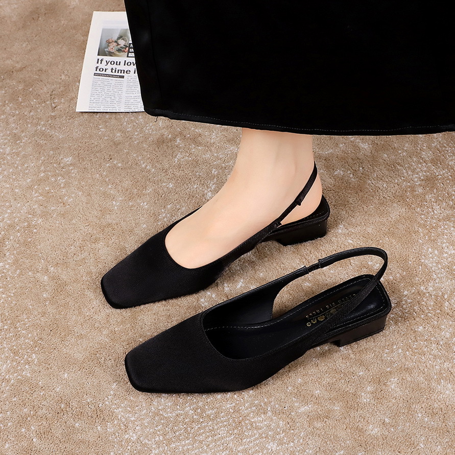 Picture of 972 French Retro Style Flats Heel Shallow Mouth Back Strap Square Toe Flats Feminine Silks and Satins Toe Cap Low Heel Women