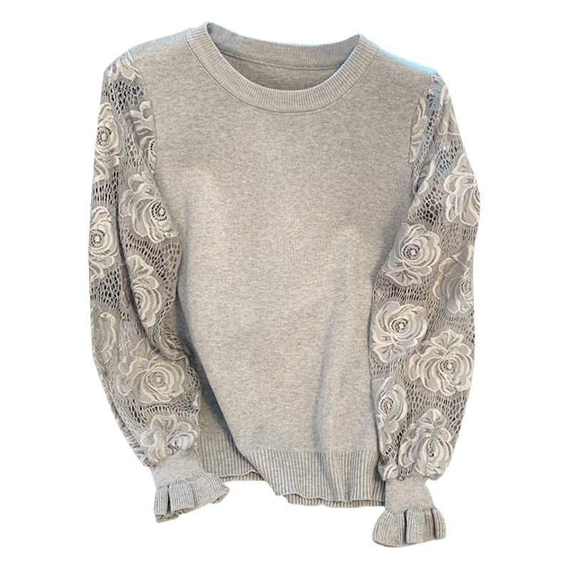 Women's Long Sleeve Round Neck Sweater Autumn New Knitwear Korean Style Fashionable Lace Base Shirt Elegant Solid Color Top
