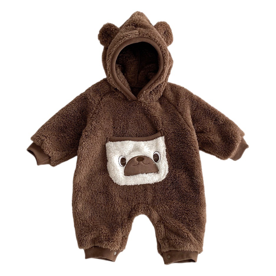 2025 K-Style of Kidsren's Autumn and Winter Double-Sided Velvet Warm Jumpsuit Baby Cartoon Warm Crawling Suit Baby Hooded Hoodie