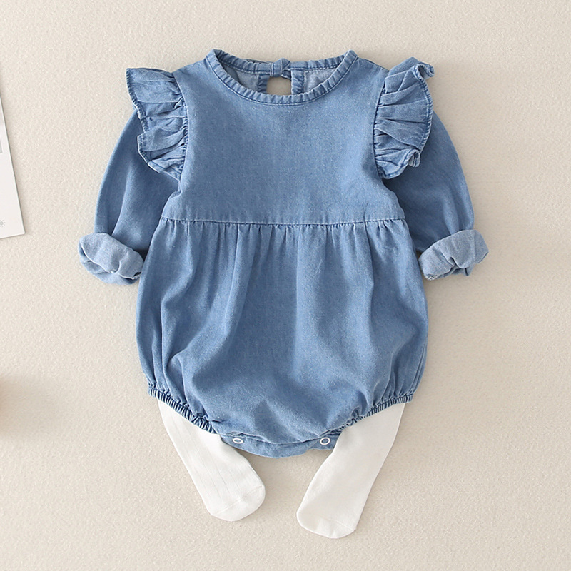 Picture of Baby jumpsuit spring and autumn dress baby girl denim shirt outer wear triangle climbing suit 5 princess 6 ha clothes 3 months 9