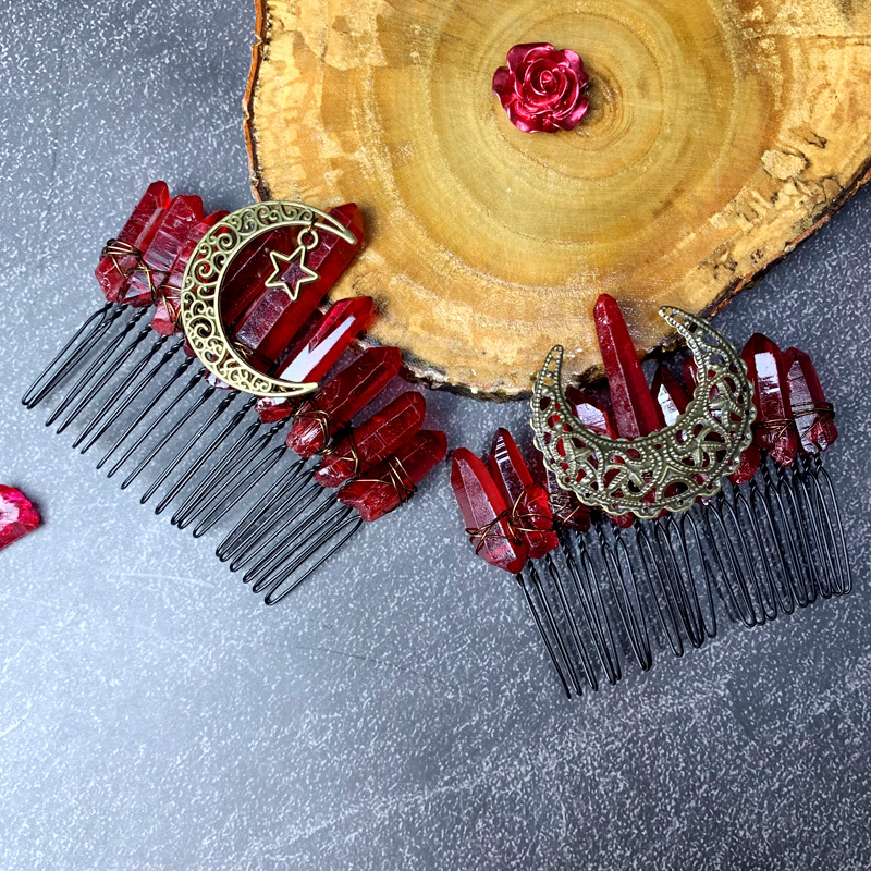 Natural Crystal Electroplated Dark Red Hair Comb Moon Comb Women's New Headwear Hot Selling Hair Accessories Handmade Tie