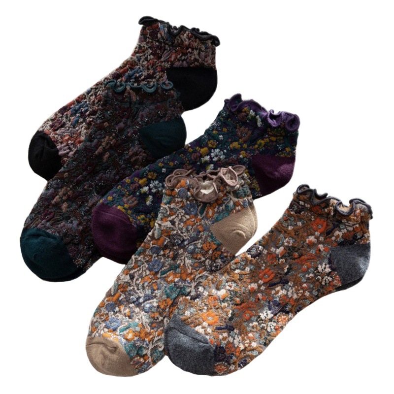 Socks Women's Spring and Summer Boat Socks 2024 New Arrival Short Socks with Ear-frilly Floral Kusen Women's Socks Korean Style College Style Girl's Socks