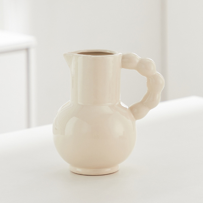 French Style Ceramic Milk Pot Handle Vase Ins Style High Color Value Flower-arranging Water-raising Living Room Ornaments Decorations Dried Flowers