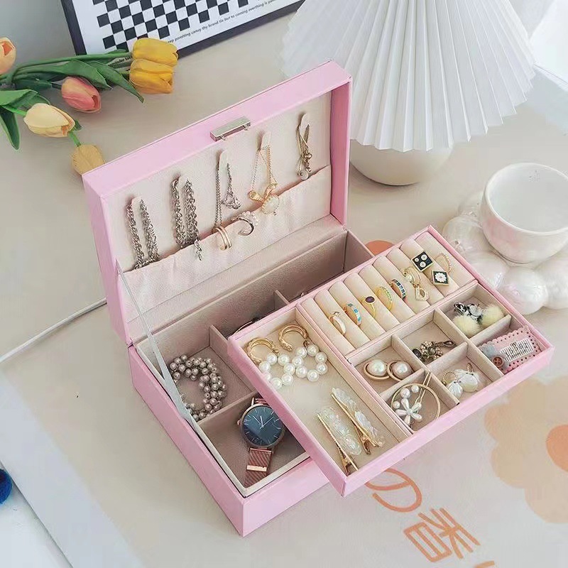Double-layer Jewelry Storage Box with Lock PU Leather Earrings Earrings Necklace Simple High-end Sense Internet Celebrant Jewelry Box