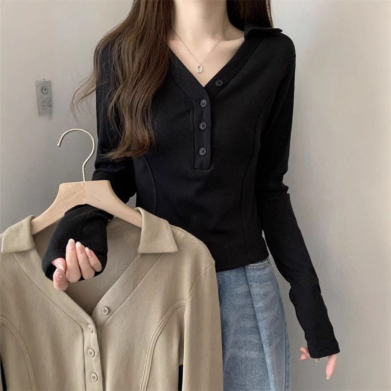 plus size V-neck Base Shirt Autumn Women's Inner chubby girl Slim-fit Slim-fit Black Shoulder T-shirt Long-sleeved Short Top Trendy
