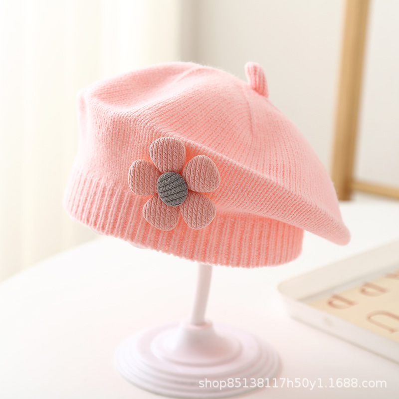 Picture of Baby hat autumn and winter baby girls' cute flower beret children's wool hat girls' knitted painter hat fashion
