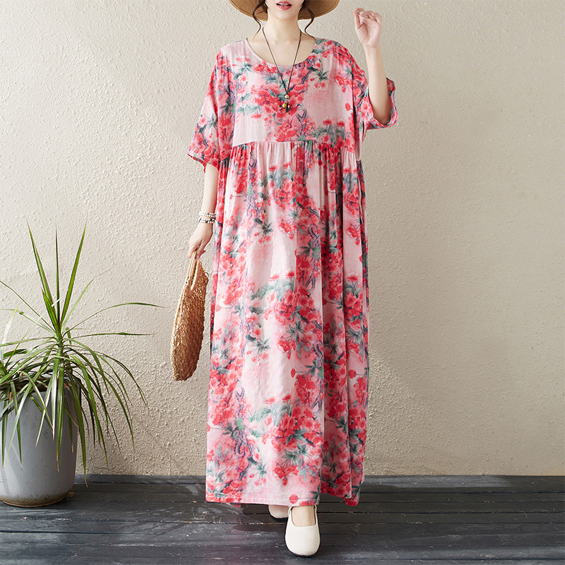 Cross-border Foreign Trade 2024 New Chinese Style Long Dress Artistic Large Size Fat MM Plus Size Printed Short-sleeved Floral Dress