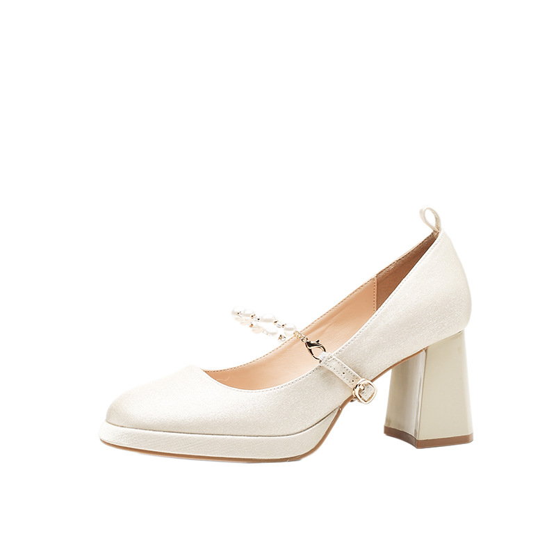 Picture of 2024 Autumn New Apricot White Wedding Dress Mary Jane Women's Shoes Small High Heels Princess Bride Wedding Shoes
