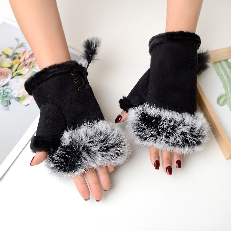 Picture of Factory sales suede rabbit fur half finger gloves women winter gloves warm gloves computer gloves wholesale