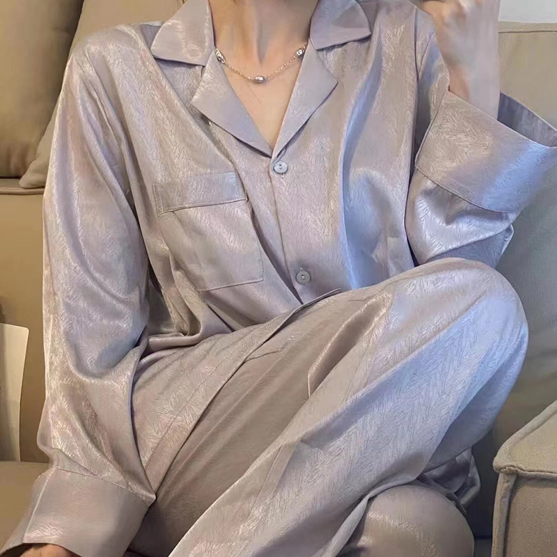 Herringbone Jacquard Ice Silk Pajamas Women's Long-Sleeved Loose Thin Home Clothes Set Internet Celebrity Live Broadcast Factory Wholesale