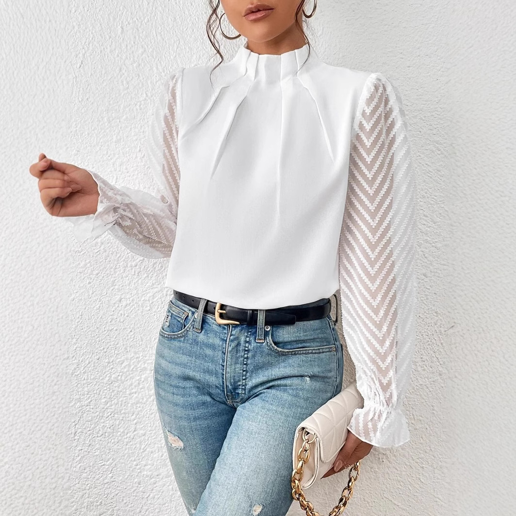 Picture of 2024 Europe and the United States Amazon cross-border women's autumn and winter new half-high collar stitching wave chiffon long sleeve top