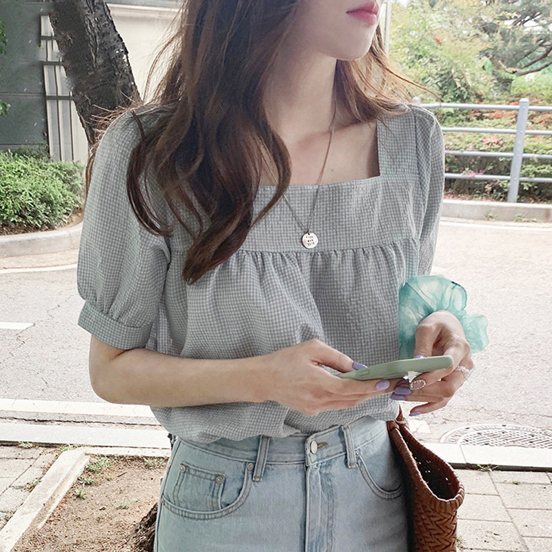 Square Collar Short-sleeved Shirt Women's Summer New Japanese Style Sweet Age-reducing Fresh Style Joker Small Plaid Clavicle Top