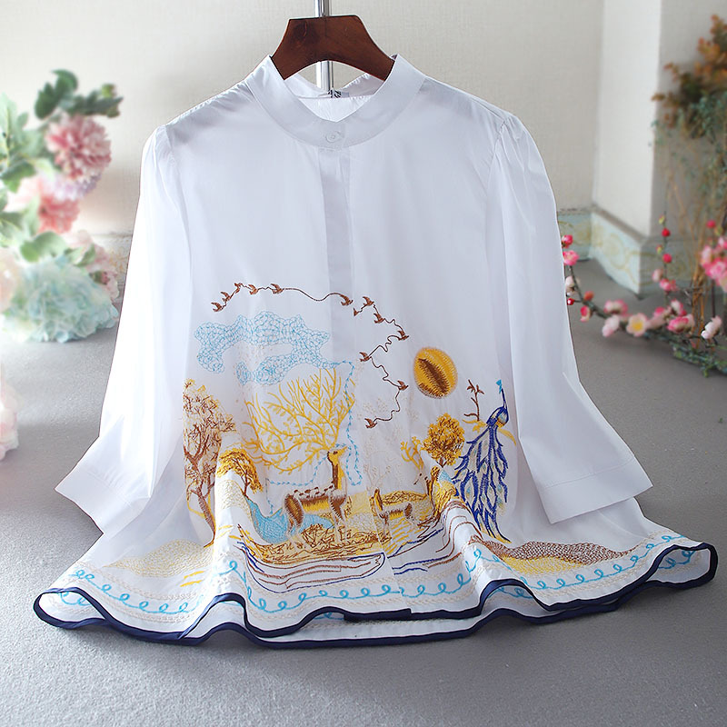 Agent joined Foreign Trade design embroidery art heavy industry loose Stand Collar Cotton A- line shirt women's top