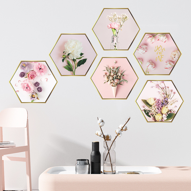 New FX-C191 pink flower flat hexagon photo frame bedroom porch Wall beautification decorative wall stickers
