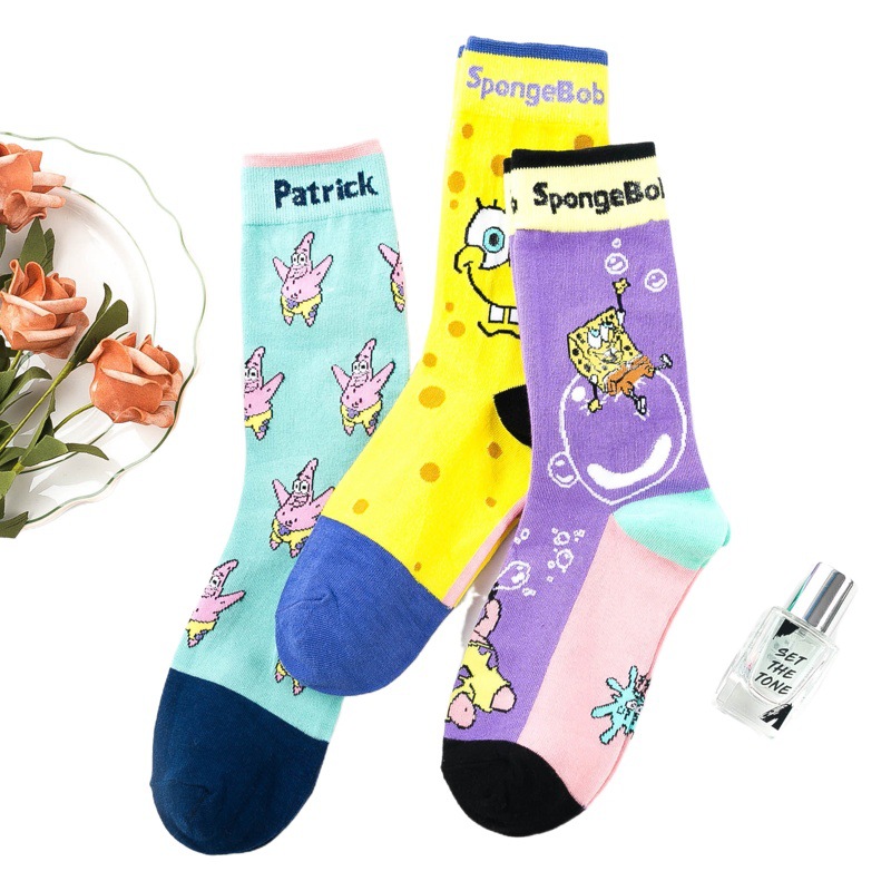 Autumn and Winter New Japanese Cartoon Patrick Spongebob AB Trendy Socks College Style Student Socks Women's Long Socks