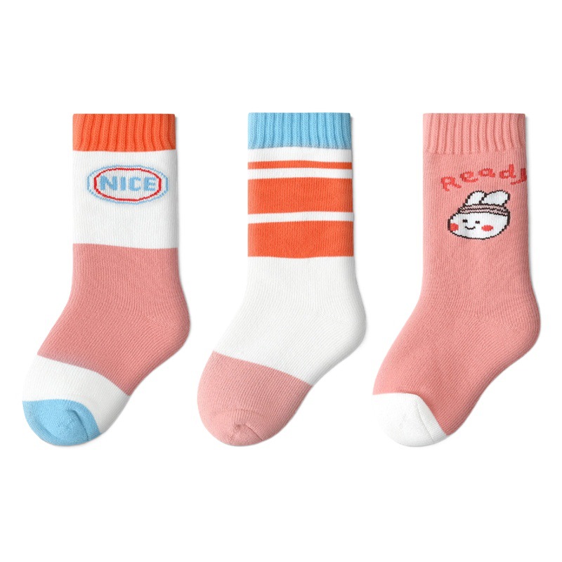 Winter new fleece-lined girls' socks pure cotton pink children's socks thickened Terry mid-calf big children's socks wholesale