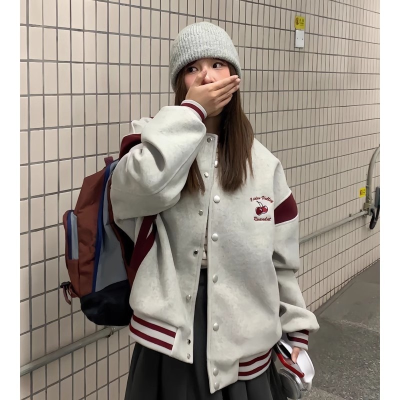 Spring and autumn new design, niche pilot, versatile jacket, American retro cherry embroidered baseball uniform, jacket for women