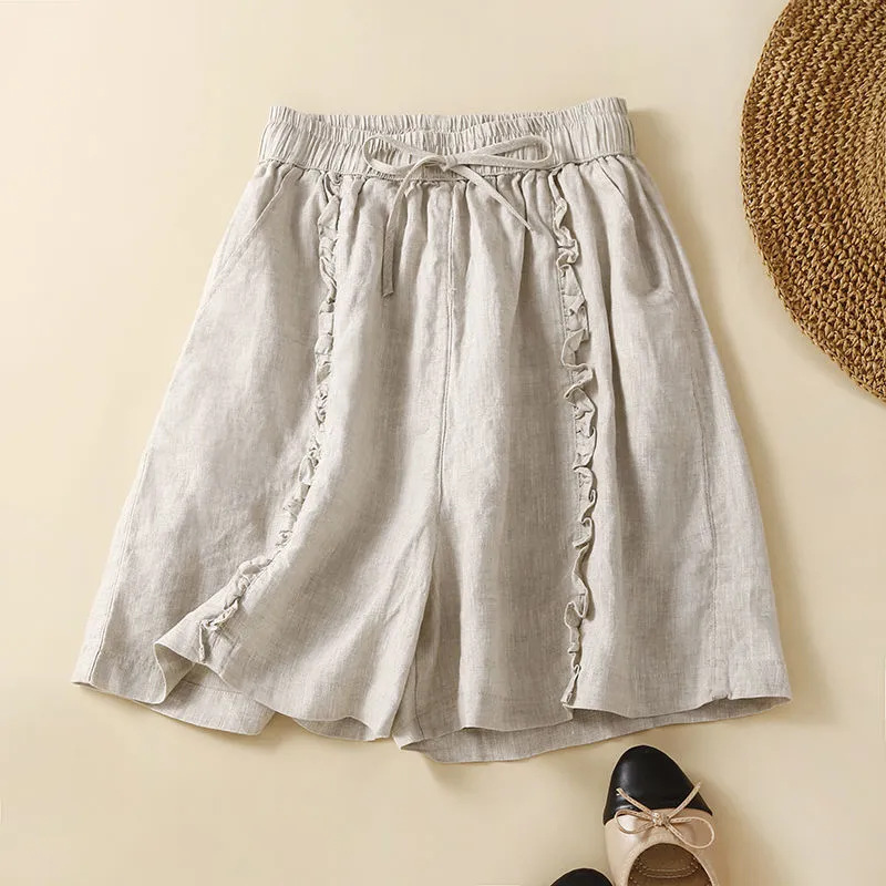 2025 Summer New Cotton and Linen Wood-ear Edge Design Wide-leg Shorts Women's Artistic Retro Loose Casual Five-point Pants