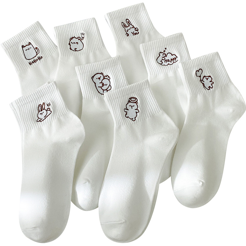Picture of Women's Socks for Autumn and Winter, White Embroidered Cartoon Mid-Calf Socks, Low-Cut Shallow Mouth Socks, Cute Japanese-Style Short Socks for Women