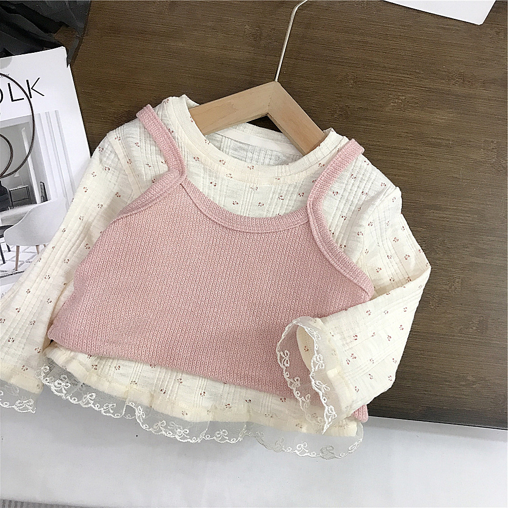 Picture of Girls' Spring 2025 New Stylish Floral Shirt Spring and Autumn Fashion Long Sleeve T-Shirt Sling Two-piece Top