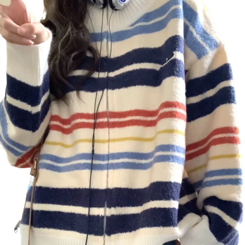 Picture of Rainbow Striped Vintage Double Zipper Cardigan Lapel Loop Sand Spring Age-reducing Design Sense Knitted Sweater for Women