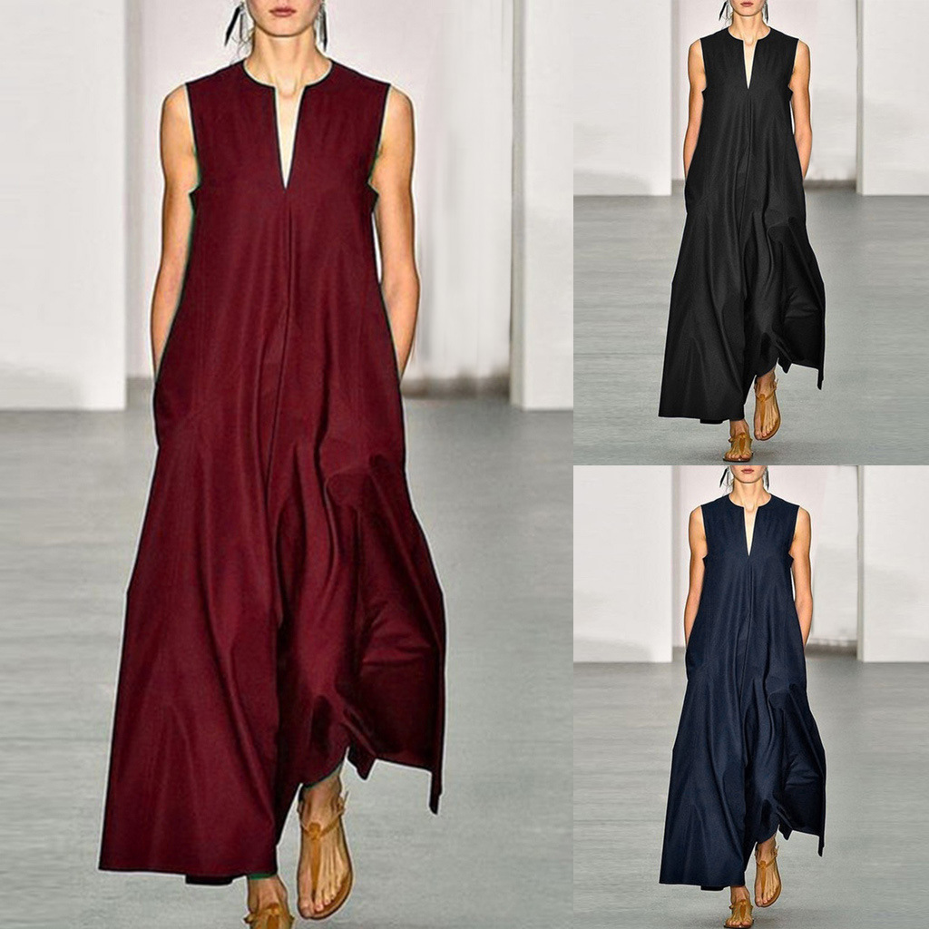 Amazon wish New Explosions Fashion New Deep V-neck Solid Color Dress Sleeveless Long Dress