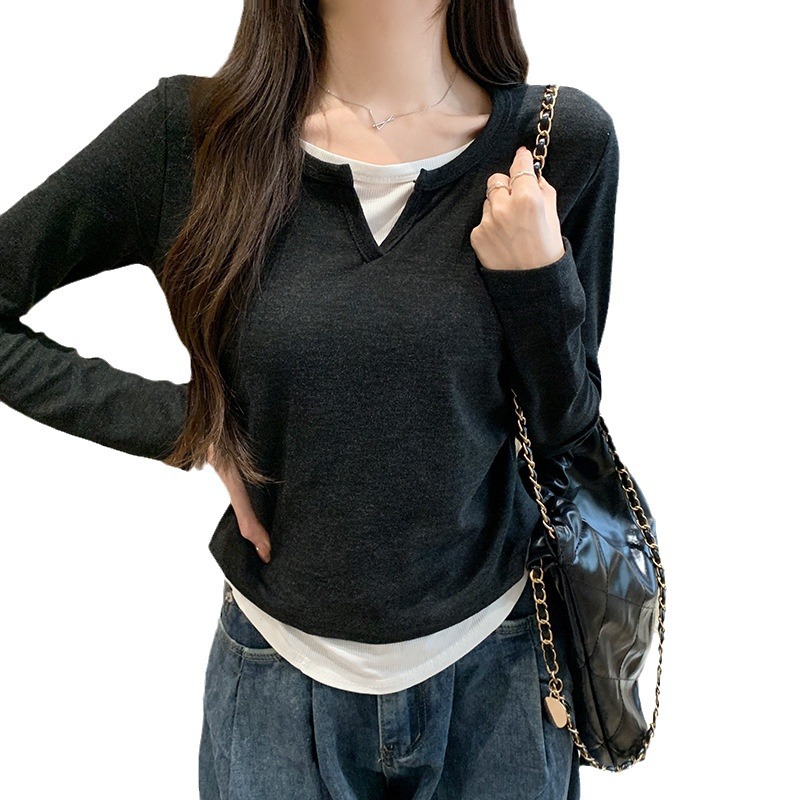 Picture of 2024 New Long-sleeved T-shirt Women's Spring and Autumn Thin Slim Fit Two-piece Base Shirt Crewneck Top Korean Women's Fashion