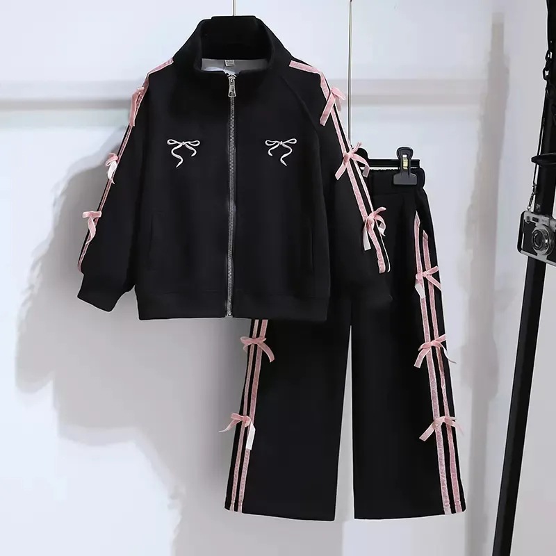 Middle-Aged and Older Children's New Spring and Autumn Style Sweet Princess Style Suit Girls Zipper Jacket and Pants Two-Piece Set