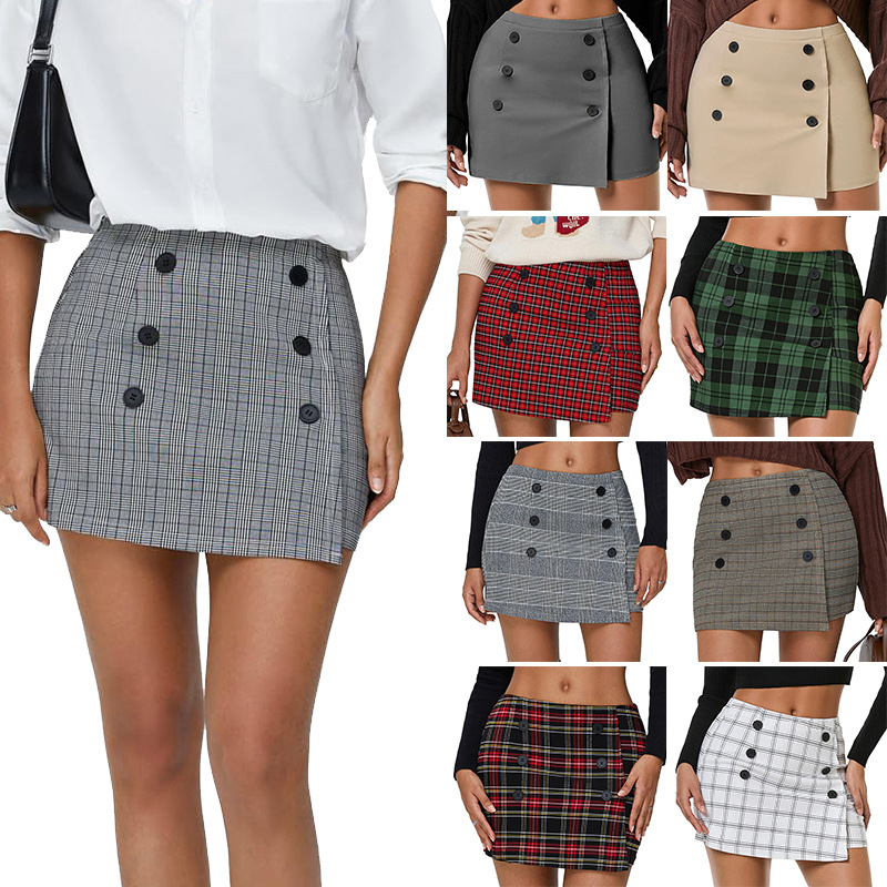 Amazon Cross-Border Women's Plaid Tight Mini Hip-Hugging Short Skirt 2025 Button Autumn and Winter Skirt Retro