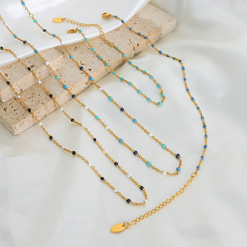 Simple stainless steel thin cross chain necklace color drop oil beaded beanie women's stacked clavicle chain jewelry women