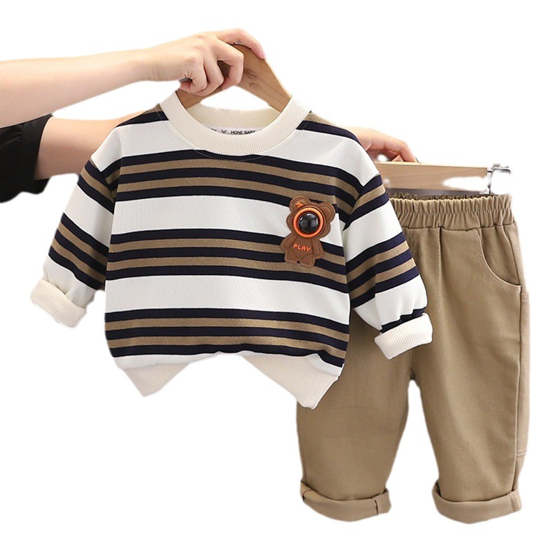Boys' autumn clothing suit new arrival medium and small children baby Western style striped space bear long sleeve trousers two-piece suit trendy cool