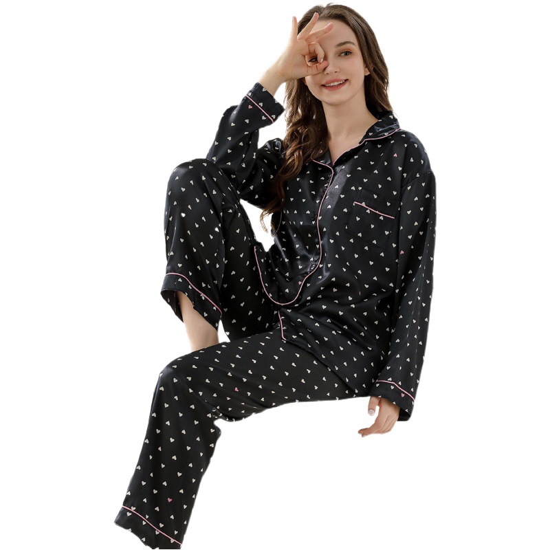 Cross-border pajamas women's new long-sleeved black high-end love printing ladies home ice silk comfort suit wholesale